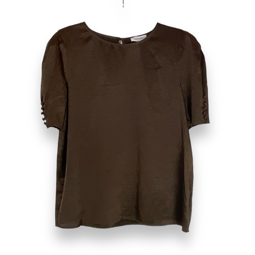 Calvin Klein Top Brown Shortsleeved Blouse Shoulder Pads Satin Size Large‎ NWT